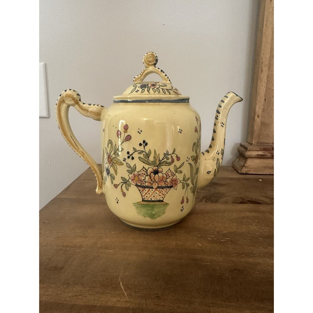 Vintage French Kenilworth QUIMPER Soleil Yellow Coffee Teapot Floral 7.5”T